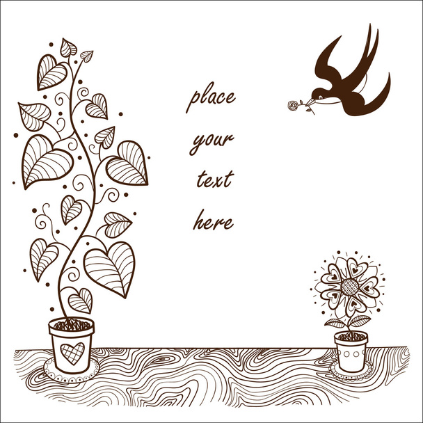Romantic card concept. Cute flowers and swallow - Вектор,изображение