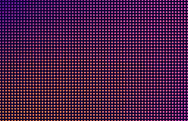 LED-Bildschirmverlauf Hintergrund, lila, orange und rosa Monitorpunkte. Nahaufnahme der Makrotextur des Displays. - Vektor, Bild