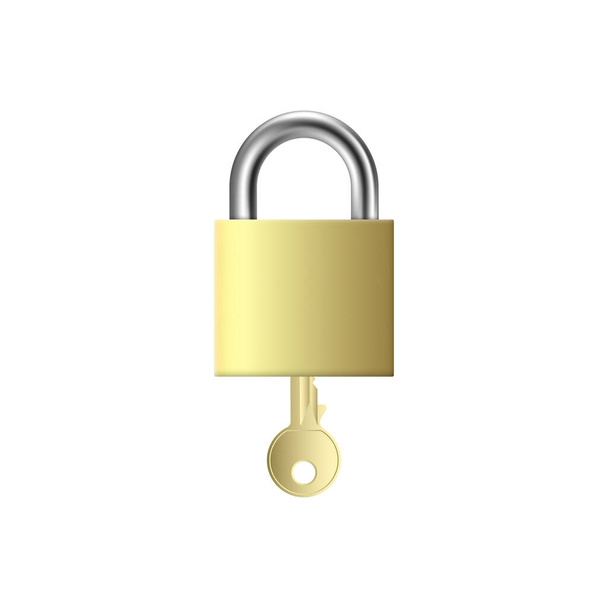 Template square brass padlock with key, realistic vector illustration isolated. - Wektor, obraz
