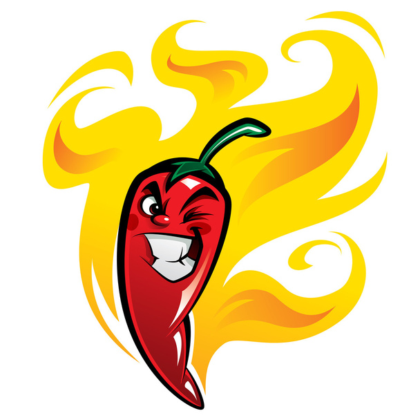 Rojo tortuoso extremadamente caliente caricatura chile carácter en llamas
 - Vector, imagen