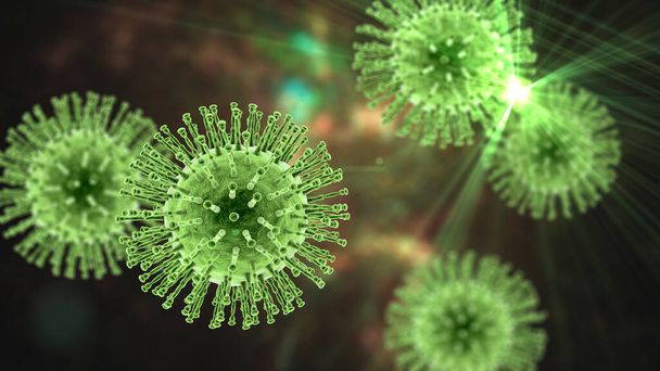 Вирусы SARS-CoV-2, возбудитель COVID-19. Новая коронавирусная инфекция, 3D иллюстрация - Фото, изображение