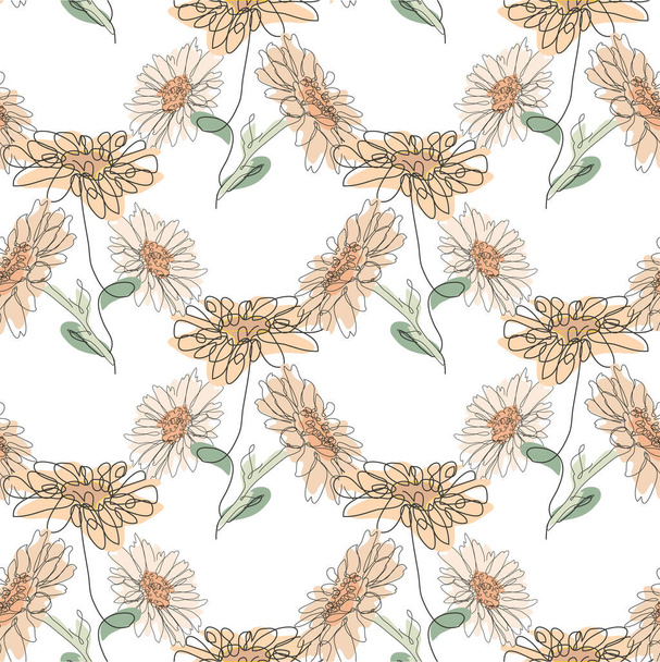 Elegant seamless pattern with chamomile flowers, design elements. Floral  pattern for invitations, cards, print, gift wrap, manufacturing, textile, fabric, wallpapers. Continuous line art style - Vector, Imagen