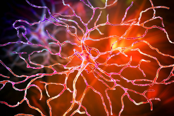 Neuron siatkówki, neuron odgrywający kluczową rolę w widzeniu, przekształca obraz optyczny w celu uzyskania informacji wizualnych, ilustracja 3D - Zdjęcie, obraz