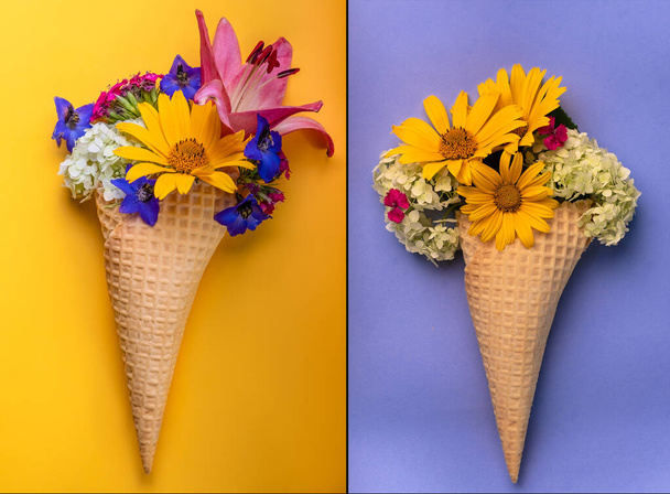 Waffle horn with spring flowers, vanilla style.?ollage. - Φωτογραφία, εικόνα