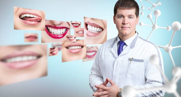 Junger Zahnarzt in der Nähe einer Collage aus gesundem, schönen Lächeln. - Foto, Bild