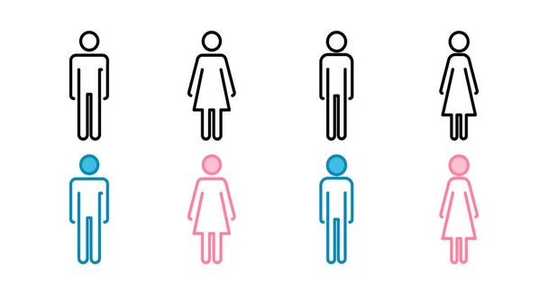 Set di vettori icona uomo e donna. Segno del water. Vettore del segnale del bagno tra uomo e donna. Icona maschile e femminile - Vettoriali, immagini