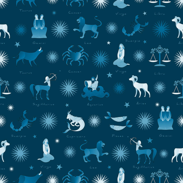 Seamless pattern of zodiac signs medieval style. Gift wrap background - Vector, Image