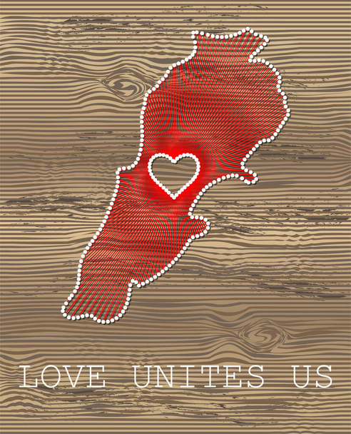 Векторная карта Ливана с сердцем. Стринги, пряжа и булавки на деревянных досках текстуры. Любовь объединяет нас. Послание любви. Карта Ливана - Вектор,изображение