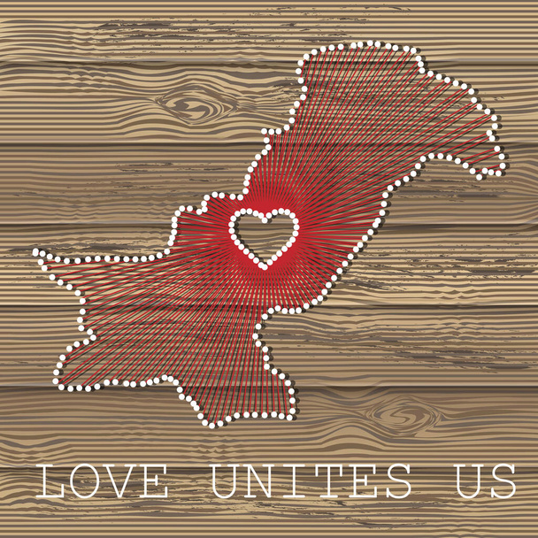 Pakistan kunst vector kaart met hart. Strijkkunst, garen en spelden op houten planken textuur. Liefde verenigt ons. Boodschap van liefde. Pakistan kunstkaart - Vector, afbeelding