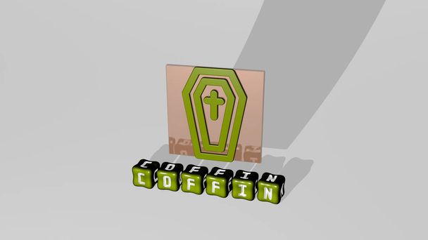 3D-grafische Darstellung von COFFIN vertikal zusammen mit Text, der aus metallischen kubischen Buchstaben aus der Oberperspektive gebaut wurde, hervorragend für die Konzeptpräsentation und Diashows. Abbildung und Hintergrund - Foto, Bild