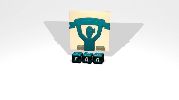 3D-grafisches Bild von FAN vertikal zusammen mit Text, der aus metallischen kubischen Buchstaben aus der Perspektive von oben gebaut wurde, hervorragend für die Konzeptpräsentation und Diashows. Abbildung und Hintergrund - Foto, Bild