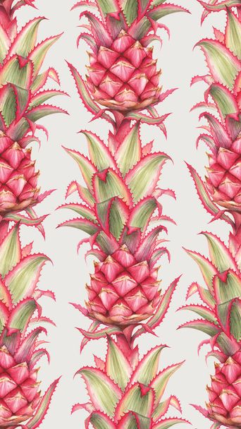 Red pineapple seamless pattern. Juicy tropical fruit watercolor background. Trendy summer pattern. Pink pineapple traditional drawing background. Summer Hawaiian fruits seamless pattern. - Фото, изображение