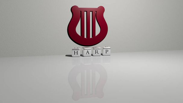 Représentation 3D de la harpe avec icône sur le mur et texte arrangé par des lettres cubiques métalliques sur un plancher miroir pour la signification du concept et la présentation du diaporama. illustration et musique - Photo, image