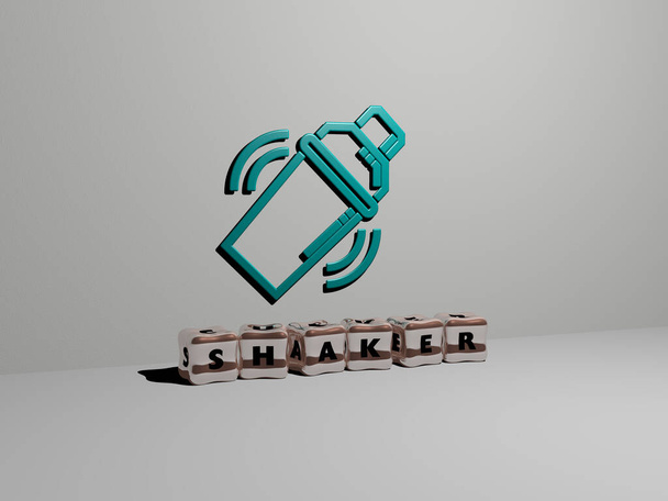 3D weergave van shaker met icoon op de muur en tekst gerangschikt door metalen kubieke letters op een spiegelvloer voor concept betekenis en diavoorstelling presentatie. achtergrond en cocktail - Foto, afbeelding