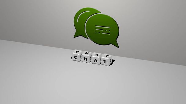 3D illustratie van chat graphics en tekst gemaakt door metalen dobbelstenen letters voor de gerelateerde betekenissen van het concept en presentaties. icoon en communicatie - Foto, afbeelding