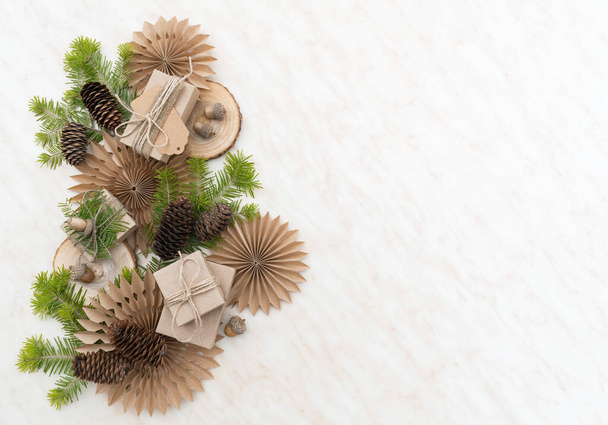 Zero waste Christmas concept. Hand crafted gifts with natural Christmas decorations without plastic. Flat lay, top view Copy space - Foto, immagini