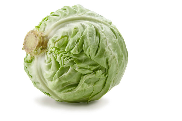 Fresh white-headed cabbage isolated on white background. Ripe vegetable, summer harvest. Close up, copy space - Photo, Image