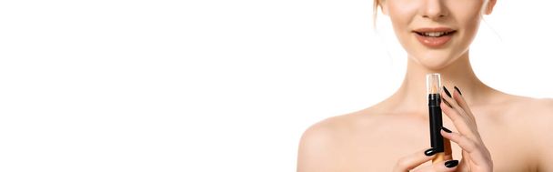 cropped view of naked beautiful woman with black nails holding stick concealer isolated on white, panoramic shot - Photo, Image