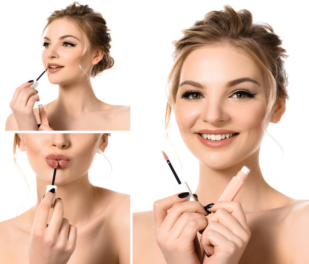 collage of smiling naked beautiful blonde woman with makeup and black nails applying beige lip gloss isolated on white - Photo, Image
