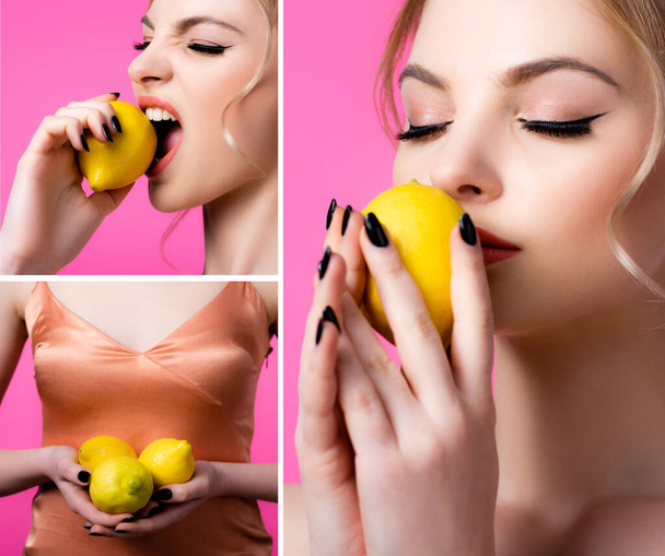ピンク色に孤立した熟れたレモンを持つエレガントなブロンドの女性のコラージュ - 写真・画像