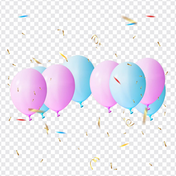 realistic balloons with confetti on transparent background. - Vector, Image