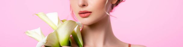 abgeschnittene Ansicht einer eleganten schönen Frau mit Calla-Blüten isoliert auf rosa, Panoramaaufnahme - Foto, Bild