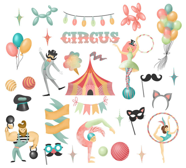 Verzameling van met de hand getekende circusacteurs en elementen van circus- of amusementspark, geïsoleerde illustratie op witte achtergrond - Foto, afbeelding
