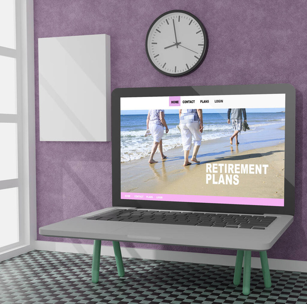 Werkruimte thuis met een desktop computer 3d rendering mockup.3d illustratie. Pensioenconcept - Foto, afbeelding
