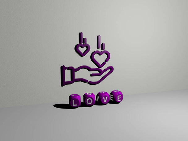 Ilustración 3D de gráficos LOVE y texto realizado por letras de dados metálicos para los significados relacionados con el concepto y las presentaciones. fondo y corazón
 - Foto, imagen