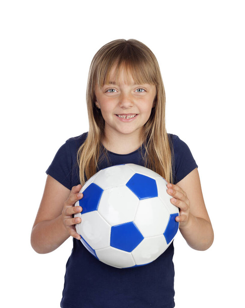 Adorable little girl with soccer ball isolated on white background - Photo, Image
