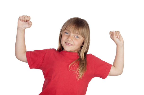 дівчина-переможець з червоною футболкою ізольована на білому тлі
 - Фото, зображення