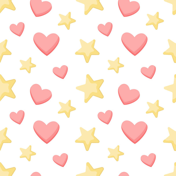 Cute seamless background with pink hearts and yellow stars. Vector endless pattern. Great for paper, card, wallpaper, banner, fabric, interior. EPS 10. - Wektor, obraz