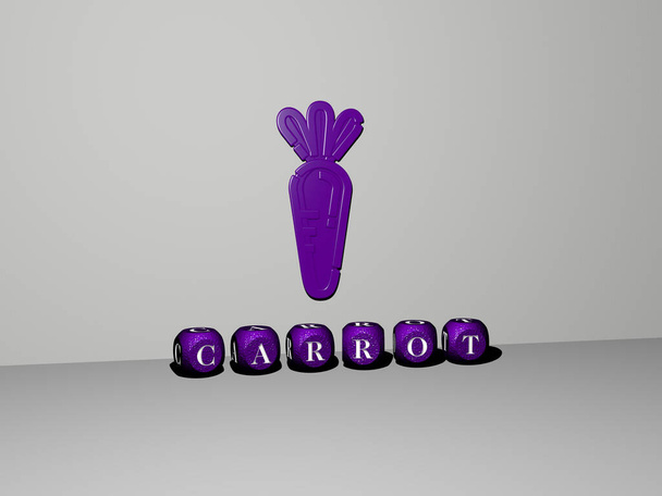 3D-Grafik von CARROT vertikal mit Text aus metallischen kubischen Buchstaben aus der Oberperspektive, hervorragend für die Konzeptpräsentation und Diashows. Hintergrund und Lebensmittel - Foto, Bild