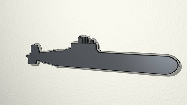 submarino realizado mediante ilustración 3D de una escultura metálica brillante sobre una pared con fondo claro. barco y dibujos animados
 - Foto, imagen
