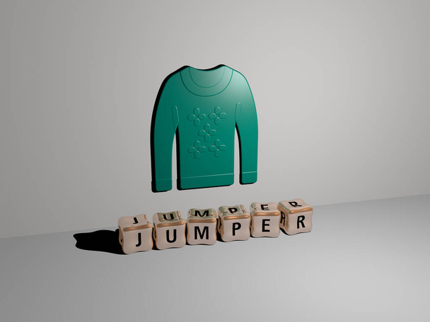 3D illusztráció jumper grafika és szöveg által készített fém kocka betűk a kapcsolódó jelentése a koncepció és előadások. háttér és karácsony - Fotó, kép