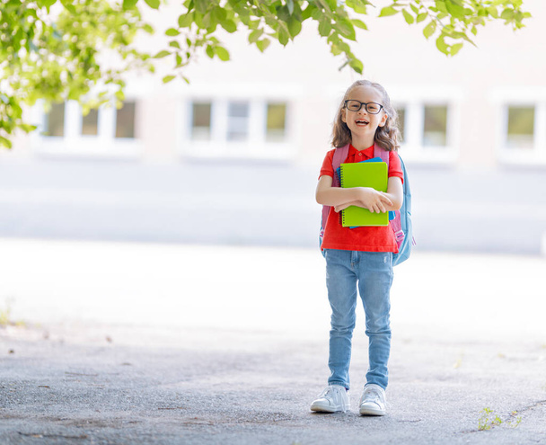Pupil of primary school with book in hand. Girl with backpack near building outdoors. Beginning of lessons. First day of fall. - Fotoğraf, Görsel
