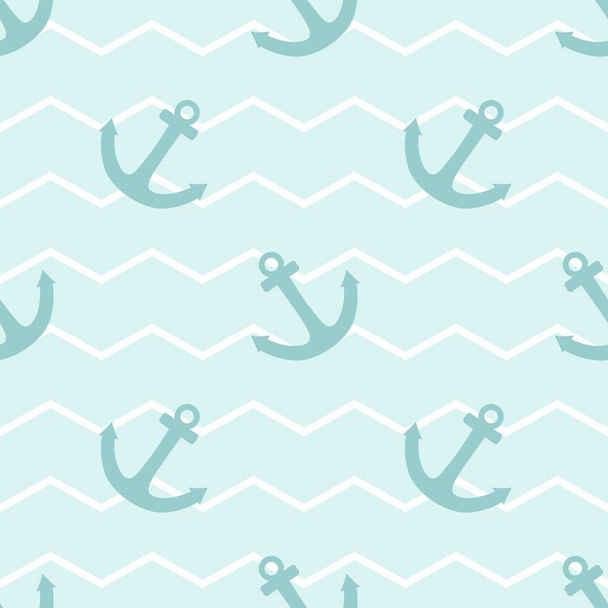 Tile sailor vector pattern with anchor on white and blue stripes background - Vektör, Görsel