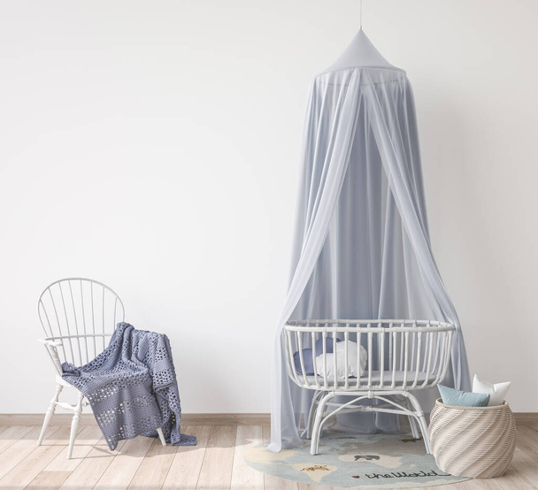 Mock Up wall In farmhouse Interior Background in baby room, blue color in nursery mockup, Scandinavian Style, 3D render - Photo, Image