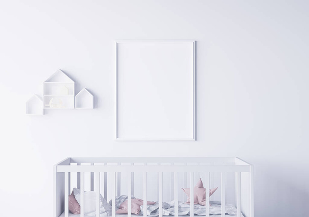 Marco de póster de burla en la habitación del bebé recién nacido con cuna blanca en el interior mínimo
  - Foto, Imagen