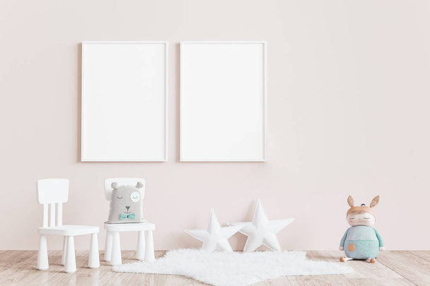 Modern minimalistisch, kinderkamer, Leeg frame mock up interieur in pastelkleuren, 3D render, 3D illustratie - Foto, afbeelding