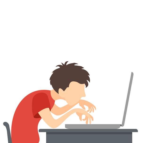 A Boy plays or works at a computer or laptop. A gamer plays video games. Kid study or play a computer game.  Illustration in a flat cartoon style with cute character. Technology and gaming concept. - Вектор, зображення
