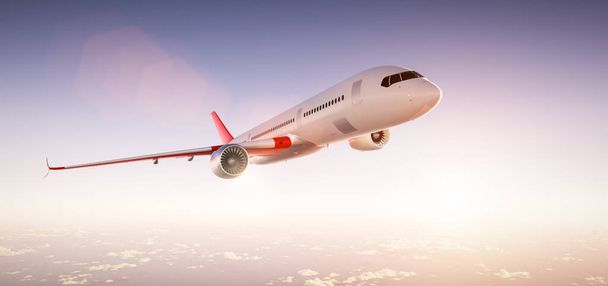 Самолет летит над облаками. Современный пассажирский самолет, коммерческая авиакомпания. 3D рендеринг - Фото, изображение