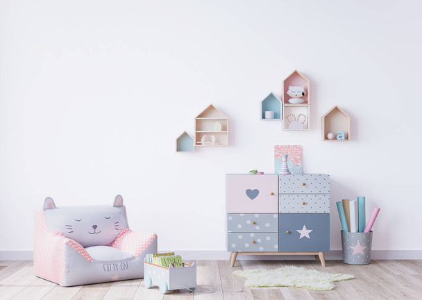Stylish Scandinavian newborn baby room with toys. Modern interior with empty background walls, wooden parquet and pastel colors, 3D render, 3D illustration - Photo, Image