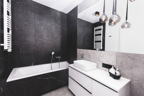 Modern new luxury bathroom. Interior design in black and white style - Foto, Imagen