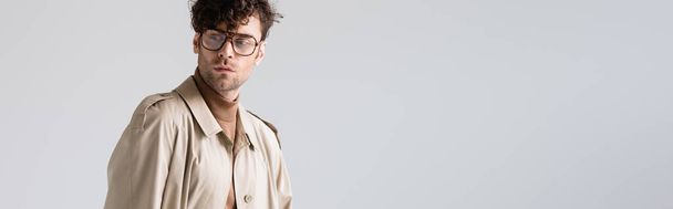 panoramic shot of stylish man in eyeglasses looking away while posing isolated on grey - Fotoğraf, Görsel