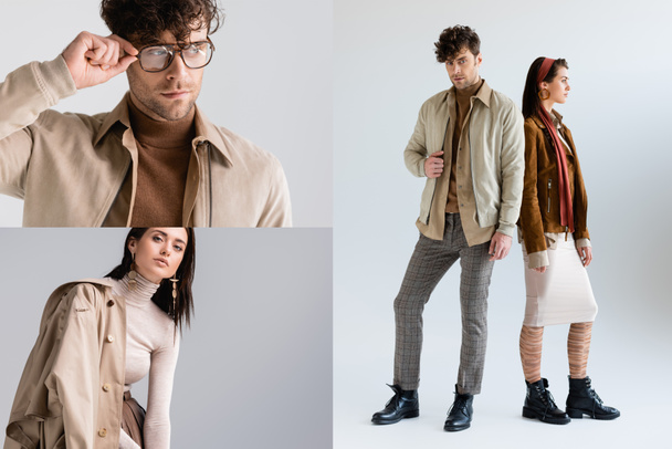 collage of young man and woman posing in fashionable autumn clothes on grey - Фото, зображення