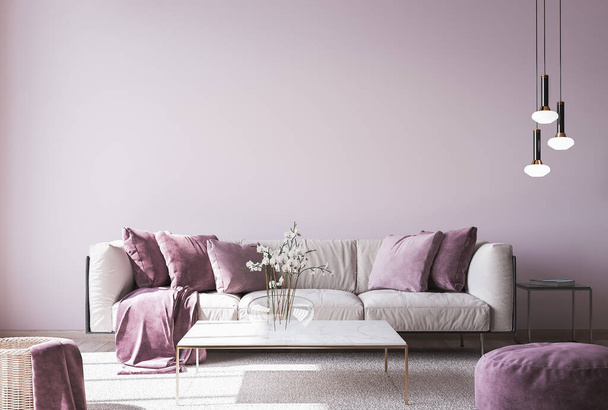 トレンディーな家庭のアクセサリー、家のインテリア、豪華なリビングルームと明るいピンクの壁の背景にモダンなソファ - 写真・画像