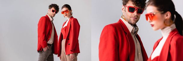 collage van modieus paar in rode blazers en zonnebril poseren geïsoleerd op grijs, horizontaal beeld - Foto, afbeelding