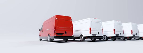 Κόκκινο εμπορικό βαν και στόλος από λευκά φορτηγά. Μεταφορές, ναυτιλιακή βιομηχανία. 3D απεικόνιση - Φωτογραφία, εικόνα