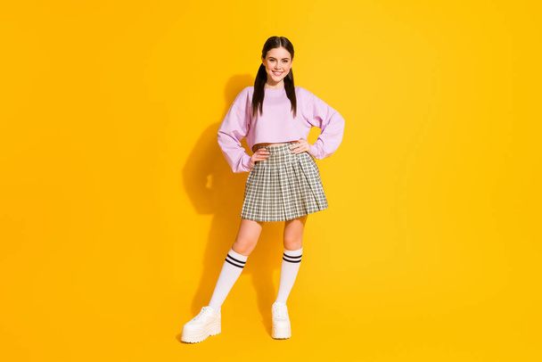Full length body size view of her she nice attractive pretty charming cheerful cheery content girl wearing checked shirt posing isolated on bright vivid shine vibrant yellow color background - Photo, Image